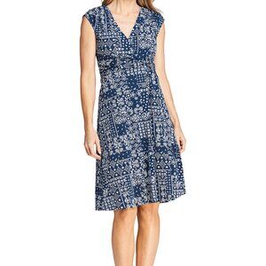 Lands end xs knit dress navy dark blue patchwork floral paisley print v-neck